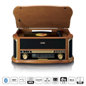 TCD-2551WD Houten retro platenspeler met bluetooth® am/fm-radio usb-codering cd-speler cassettespeler en i