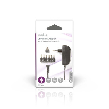 ACPA002 Universele ac-stroomadapter | 18 w | 3 - 12 v dc | 1.80 m | 1.5 / 2.1 a | 6 plug(s) | zwart Verpakking foto