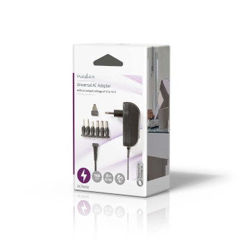 ACPA002 Universele ac-stroomadapter | 18 w | 3 - 12 v dc | 1.80 m | 1.5 / 2.1 a | 6 plug(s) | zwart Verpakking foto