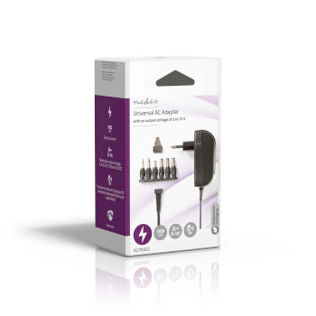 ACPA002 Universele ac-stroomadapter | 18 w | 3 - 12 v dc | 1.80 m | 1.5 / 2.1 a | 6 plug(s) | zwart Verpakking foto
