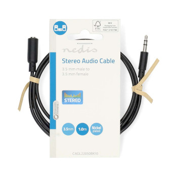 CAGL22050BK10 Stereo-audiokabel | 3,5 mm male | 3,5 mm female | vernikkeld | 1.00 m | rond | zwart | label  foto