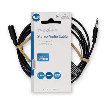 CAGL22050BK20 Stereo-audiokabel | 3,5 mm male | 3,5 mm female | vernikkeld | 2.00 m | rond | zwart | label  foto