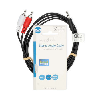 CAGL22200BK15 Stereo-audiokabel | 3,5 mm male | 2x rca male | vernikkeld | 1.50 m | rond | zwart | label  foto