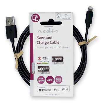 CCGL39300BK20 Lightning kabel | usb 2.0 | apple lightning 8-pins | usb-a male | 480 mbps | vernikkeld | 2.00 m | r  foto