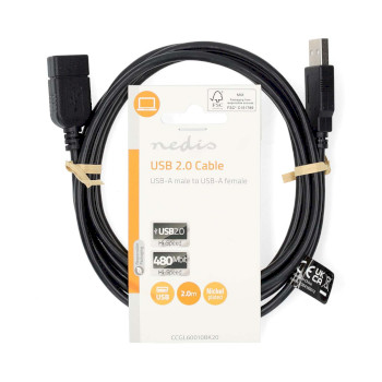 CCGL60010BK20 Usb-kabel | usb 2.0 | usb-a male | usb-a female | 480 mbps | vernikkeld | 2.00 m | rond | pvc | zwar  foto