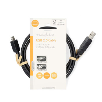 CCGL60300BK10 Usb-kabel | usb 2.0 | usb-a male | usb mini-b 5-pins male | 480 mbps | vernikkeld | 1.00 m | rond |   foto