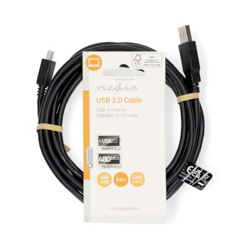 CCGL60300BK30 Usb-kabel | usb 2.0 | usb-a male | usb mini-b 5-pins male | 480 mbps | vernikkeld | 3.00 m | rond |   foto