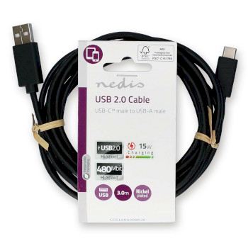 CCGL60600BK30 Usb-kabel | usb 2.0 | usb-a male | usb-c™ male | 15 w | 480 mbps | vernikkeld | 3.00 m | rond   foto