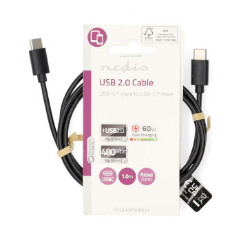 CCGL60700BK10 Usb-kabel | usb 2.0 | usb-c™ male | usb-c™ male | 60 w | 480 mbps | vernikkeld | 1.00 m   foto