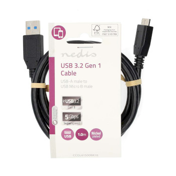 CCGL61500BK10 Usb-kabel | usb 3.2 gen 1 | usb-a male | usb micro-b male | 5 gbps | vernikkeld | 1.00 m | rond | pv  foto