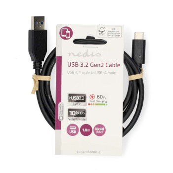 CCGL61650BK10 Usb-kabel | usb 3.2 gen 2 | usb-a male | usb-c™ male | 60 w | 10 gbps | vernikkeld | 1.00 m |   foto