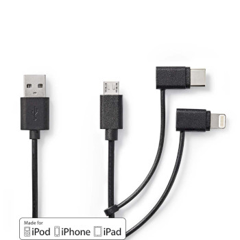 CCGP60620BK10 3-in-1-kabel | usb 2.0 | usb-a male | apple lightning 8-pins / usb micro-b male / usb-c™ male 