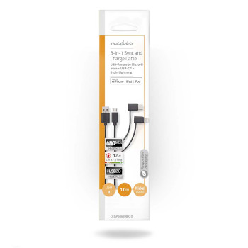 CCGP60620BK10 3-in-1-kabel | usb 2.0 | usb-a male | apple lightning 8-pins / usb micro-b male / usb-c™ male   foto