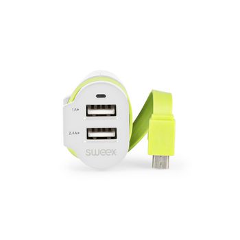CH-023WH Autolader 3-uitgangen 6 a 2x usb / micro-usb wit/groen