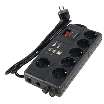 CMP-SPB08B 7-voudige tafelcontactdoos met overspanningsbeveiliging + coax / rj11 / usb hub zwart Product foto