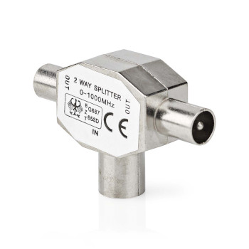 CSGB40950ME Satelliet- en antenne-adapter | 2x coax male | iec (coax) female | vernikkeld | 75 ohm | t-splitter  Product foto