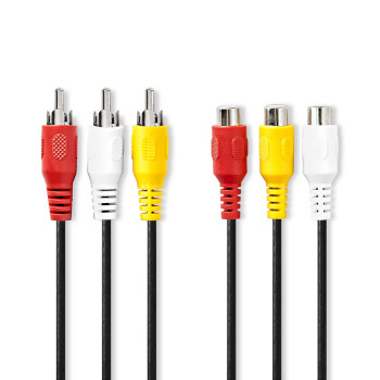 CVGP24305BK50 Composiet videokabel | 3x rca male | 3x rca female | vernikkeld | 480p | 5.00 m | rond | pvc | zwart