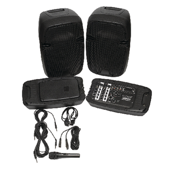 DV-DJ-200 2 x 10\'\' luidsprekers met afneembare versterker/mixer met vele ingangen Inhoud verpakking foto