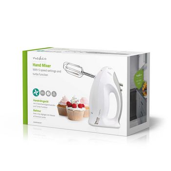 KAHM100CWT Handmixer | 200 w | 5-snelheden | turbo-functie | 2 deeghaken / 2 kloppers | grijs / wit Verpakking foto