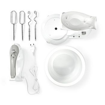 KAHM110CWT Handmixer | 200 w | 5-snelheden | turbo-functie | draaikom / 2 deeghaken / 2 kloppers | grijs / wit Inhoud verpakking foto