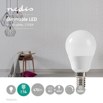 LEDBDE14G45 Led-lamp e14 | g45 | 6 w | 470 lm | 2700 k | warm wit | frosted | 1 stuks Product foto