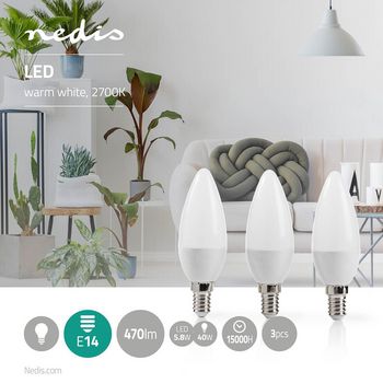 LEDBE14CAN3P2 Led-lamp e14 | kaars | 5.8 w | 470 lm | 2700 k | warm wit | frosted | 3 stuks Product foto