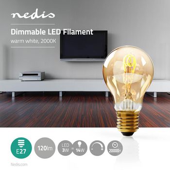 LEDBTFE27A60 Led-filamentlamp e27 | a60 | 3 w | 120 lm | 2000 k | warm wit | retrostijl | aantal lampen in verpak Product foto