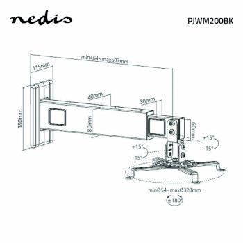 PJWM200BK Projectorbeugel | full motion | 15 kg | draaibaar | kantelbaar | staal | zwart Product foto