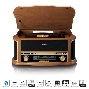 TCD-2551WD Houten retro platenspeler met bluetooth® am/fm-radio usb-codering cd-speler cassettespeler en i