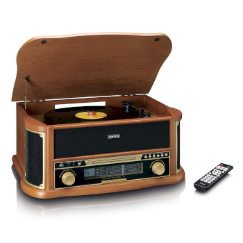 TCD-2551WD Houten retro platenspeler met bluetooth® am/fm-radio usb-codering cd-speler cassettespeler en i Product foto