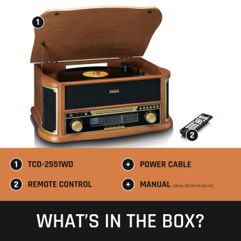 TCD-2551WD Houten retro platenspeler met bluetooth® am/fm-radio usb-codering cd-speler cassettespeler en i Inhoud verpakking foto
