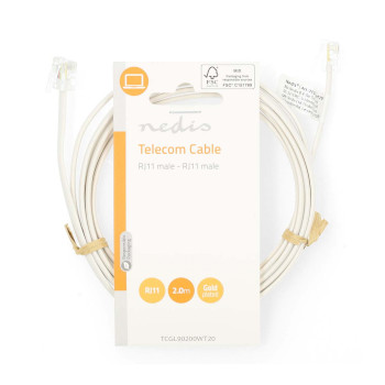 TCGL90200WT20 Telecomkabel | rj11 male | rj11 male | 2.00 m | kabel design: plat | connectorplating: goud verguld   foto