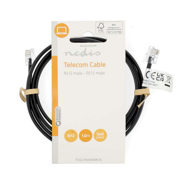 TCGL90300BK10 Telecomkabel | rj12 male | rj12 male | 1.00 m | kabel design: plat | kabeltype: rj12 | zwart | label  foto