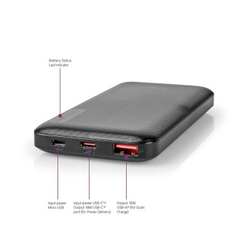 UPBKPD10000BK Powerbank | 10000 mah | 1.5 / 2.0 / 3.0 a | outputs: 2 | output: 1x usb-a / 1x usb-c™ | inputs Product foto