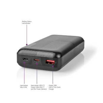 UPBKPD20000BK Powerbank | 20000 mah | 1.5 / 2.0 / 3.0 a | outputs: 2 | output: 1x usb-a / 1x usb-c™ | inputs Product foto