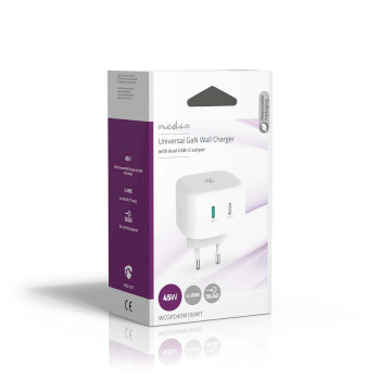 WCGPD45W100WT Oplader | 45 w | gan | pd3.0 45w | snellaad functie | 2.25 / 3.0 a | outputs: 2 | 2x usb-c™ |  Verpakking foto