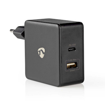WCPD45W100BK Oplader | 57 w | pd3.0 45w | snellaad functie | 2.25 / 2.4 / 3.0 a | outputs: 2 | usb-a / usb-c͐ Product foto