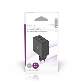 WCPD45W100BK Oplader | 57 w | pd3.0 45w | snellaad functie | 2.25 / 2.4 / 3.0 a | outputs: 2 | usb-a / usb-c͐ Verpakking foto