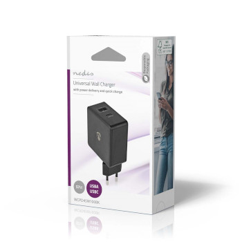 WCPD45W100BK Oplader | 57 w | pd3.0 45w | snellaad functie | 2.25 / 2.4 / 3.0 a | outputs: 2 | usb-a / usb-c͐ Verpakking foto