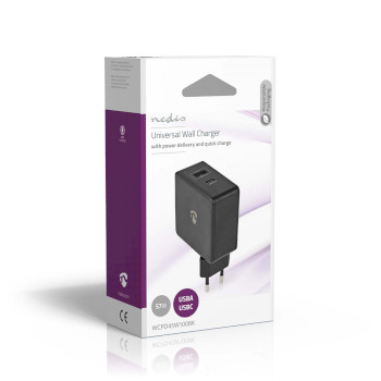 WCPD45W100BK Oplader | 57 w | pd3.0 45w | snellaad functie | 2.25 / 2.4 / 3.0 a | outputs: 2 | usb-a / usb-c͐ Verpakking foto