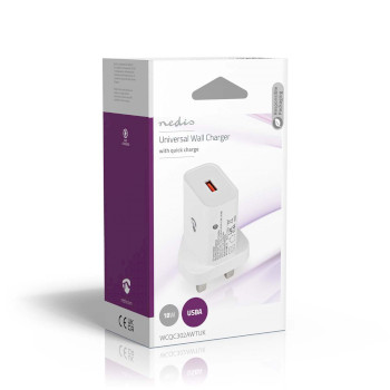 WCQC302AWTUK Oplader | 18 w | qc3.0 | snellaad functie | 3.0 a | outputs: 1 | usb-a | automatische voltage select Verpakking foto