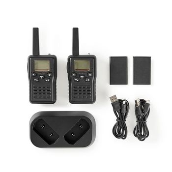 WLTK1010BK Walkie talkie set | 2 handsets | tot 10 km | frequentiekanalen: 8 | ptt / vox | tot 6 uur | oplaadst Inhoud verpakking foto