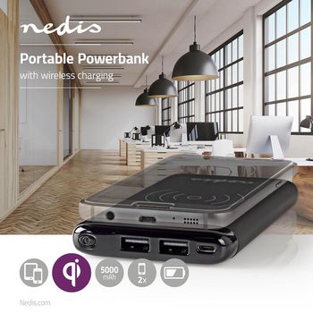 WPBK5000BK Powerbank met draadloze oplader | 5000 mah | 2 x 2,1 a | 2 x usb-uitgangen | zwart Product foto